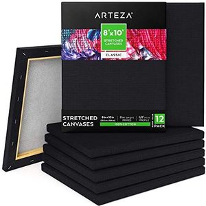 Arteza Opgespannen zwart canvas-doek van 20.3x25.4 cm, verpakt per 12, Schildersdoek van 100% katoen, zuurvrij, Geschikt voor schilderen met acrylverf en olieverf, alsook voor acrylverf gieten