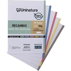 Unipapel PaperClass 90 vellen A5 gerecycled papier, 5 x 5 geruit met rand, met 5 kleurlinten voor vakken, super sterk papier, 90 g