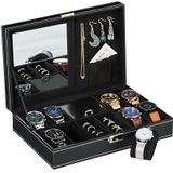 Relaxdays horlogebox voor 8 horloges, met sieradenhouder, lederlook, fluwelen bekleding, HxBxD: 8 x 30 x 20,5 cm, zwart