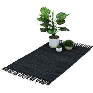Relaxdays vloerkleed, van leder en katoen, 60 x 110 cm, tapijt met franjes, antislip onderzijde, in het zwart
