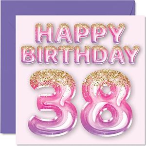 38e verjaardagskaart voor vrouwen - roze en paarse glitterballonnen - gelukkige verjaardagskaarten voor 38-jarige vrouw vriend zus moeder tante, 145 mm x 145 mm achtendertig achtendertigste verjaardag