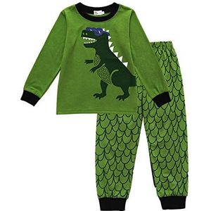 EULLA Pyjama jongens kinderen lange mouwen katoen dinosaurus tractor graafmachine brandweerauto ruimtetweedelige pyjama set nachtkleding 1-7 jaar 92 98 104 110 116 122, B-groene dinosaurus, 122 cm