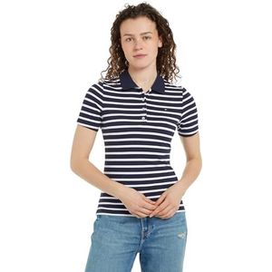 Tommy Hilfiger Dames 1985 Slim Pique Stripe Polo SS WW0WW43226 S/S Polo, Breton Desert Sky/Ecru, M, Blauw (Bretonse woestijnhemel/ecru), M