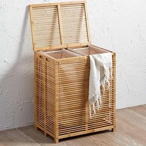Bakaji Vuile wasmand van bamboe, met grijze stof, voor huis, badkamer, met 2 vakken, ruimtebesparende opbergdoos met deksel en uittrekbare zak, 50 x 35 x 60 cm