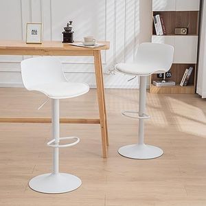 Kidol & Shellder Barkruk set van 2 witte eetkamerstoelen, in hoogte verstelbaar, 360° draaibaar met rugleuning en zitkussen, barkruk van PU-leerkunststof, metaal, voor thuis of in de keuken