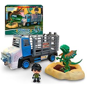 Pinypon Action - Redding van de Dilophosaurus dinosaurus, set met een speelgoedauto, ontdekkingsfiguur, dino-pop die bij het indrukken water spuwt, fontein en magisch zand, beroemd
