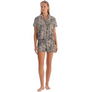 Dagi Dames Brown Fashion Gebreide Regular Waist Supreme Leg Sleeve Collar Shirt & Shorts Pyjama Set, bruin, M