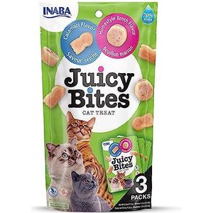 INABA Juicy Bites Kattenlekkernijen, knabbeltassen met sappige kern in grappige vormen, mondvriendelijke kattensnacks, inktvis en huismans-bouillon, verpakking van 3 x 11 g
