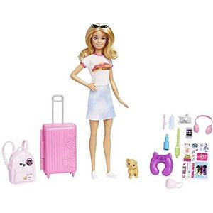 Barbie Pop en Accessoires, Malibu' Reisset met puppy en meer dan 10 onderdelen, waaronder echt werkende koffer​, HJY18