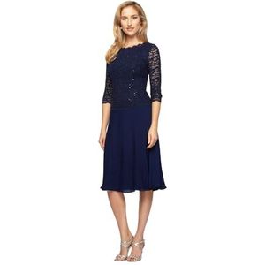 Alex Evenings Damesjurk met borduursel en borduurwerk, jurk voor moeder van de bruid, bruiloftsgastjurk (petite en normale maten), Donkerblauw, 6