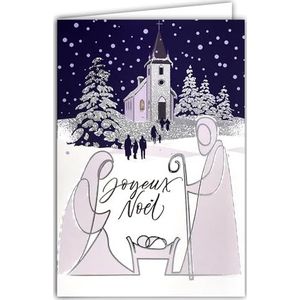 Kaart Vrolijk Kerstfeest glanzend glanzend glinsterend met witte envelop, formaat 12 x 17,5 cm – illustratie kinderkamer gestileerd Jezus Maria Joseph voederhuis kerk massa sneeuwboom landschap –
