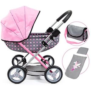 Bayer Design 12766AA Cosy poppenwagen met kussen, deken, tas, babypop wandelwagen, roze, grijs