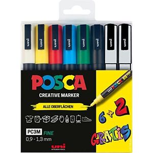 Faber-Castell uni-ball POSCA 186825 Marker Set, 8-delig etui acrylstiften PC-3M, 0,9 - 1,3 mm, 6 standaardkleuren + 2 wisselende speciale kleuren