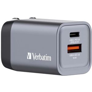 Verbatim GaN Charger 35 W, 2 poorten USB-C oplader, power adapter met USB-C en USB-A, snellader als meervoudige stekker, voor Apple iPad, iPhone, Samsung en Co