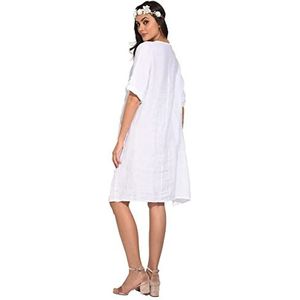 Damesjurk van 100% linnen, gemaakt in Italië, lange jurk zonder mouwen met volant-kraag, wit, maat: XL, Wit, XL