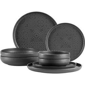 MÄSER 934064 Serie Tiles, moderne vintage serviesset voor 2 personen, in Moors design met mat glazuur, 8-delig tafelservies met borden en kommen van hoogwaardig keramiek, aardewerk, zwart