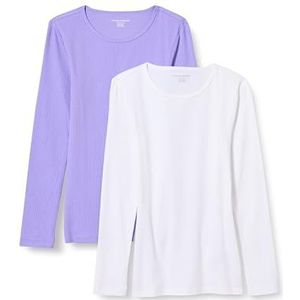 Amazon Essentials Dames Slim-Fit Layering Lange Mouw Gebreide Rib Ronde Hals (Verkrijgbaar in Grote Maat), Pack van 2, Wit/Paars, M