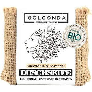 Calendula & Lavendel Golconda Douchezeep, gecertificeerde natuurlijke cosmetica, mild en hydraterend, veganistische natuurlijke zeep, plasticvrij, palmolievrij, lichaamszeep handgemaakt, 1 stuk