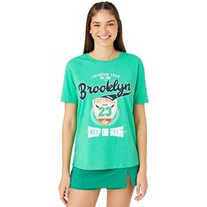 Koton T-shirt voor dames, met slogan print, korte mouwen, ronde hals, groen (784), S