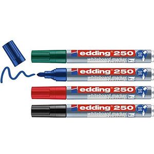 edding 250 whiteboardmarker - zwart, rood, blauw, groen - 4 whiteboardstiften - ronde punt 1,5 - 3 mm - boardmarker uitwisbaar - voor whiteboard, flipchart, prikbord, memobord - navulbaar