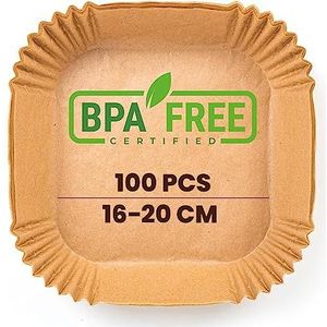 PORTENTUM 100 stuks food-grade BPA-vrij, 16 x 16 x 4,5 cm, airfryer papier, vierkant, ideaal voor gezond koken