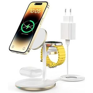 3-in-1 inductief laadstation voor meerdere apparaten, 15 W draadloos laadstation, draadloze oplader, compatibel met Mag Safe-oplader voor iPhone 15, 14, 13, 12 Pro Max/Plus/Pro, iWatch Ultra/8/7/SE/6,