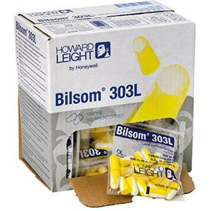 Howard Leight by Honeywell Bilsom 303L schuimrubberen oordopjes voor eenmalig gebruik, SNR 33 dB, maat L, geel en wit, bolvormig, zonder kabel, 1007192 (pak van 200 paar)