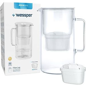 Wessper Glazen waterfilter-karaf compatibel met Brita waterfilter patronen, Inclusief 1 filter, Vermindert kalk, chloor, zware metalen, 2.5 Liter, Wit