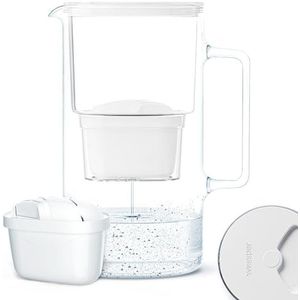 Wessper Glazen waterfilter-karaf compatibel met Brita waterfilter patronen, Inclusief 1 filter, Vermindert kalk, chloor, zware metalen, 2.5 Liter, Wit