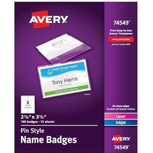 Avery Pin Style Naambadges, Print of Schrijven, 2-1/4 ""x 3-1/2"", pins veilig, 100 Inserts & Pin Badge Houders (74549), Wit