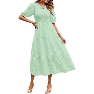 MEROKEETY Vrouwen 2025 Zomer Puff Mouw Gesmokte Bloemen Jurk Ronde hals Kant Vloeiende Tiered Midi Jurken, Munt, L