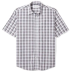 Amazon Essentials Men's Poplin overhemd met normale pasvorm en korte mouwen, Zwart Grijs Plaid, XS