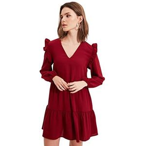 Trendyol Woman Kleine mini-jurk met ruches, V-hals, geweven, Bourgondië, 36