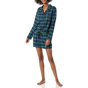 Amazon Essentials Lichtgewicht geweven flanellen pyjamaset voor dames met korte broek, donkergroen marineblauw Blackwatch Plaid, groot