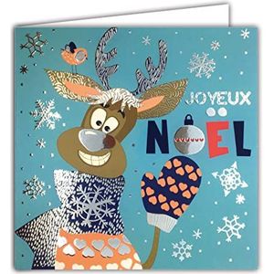 Afie 23026 vierkante kaart zilver glanzend Vrolijk Kerstfeest rendier grappig kuckrugzak wanten sjaal sneeuwvlokken feest met envelop wit