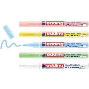 edding 751 glanslakmarker set - wit, geel, groen, roze, blauw (pastel) - 5 verfstiften - ronde punt 1-2 mm - verfpen voor glas, stenen, hout, plastic, papier - waterproof, hoge dekking