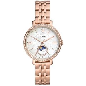 Fossil Jacqueline horloge voor dames, multifunctioneel uurwerk met roestvrij stalen of leren band, Roze goudtint en wit