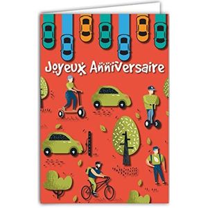 Verjaardagskaart, milieuvriendelijk, duurzaam, groen, fiets, scooter, elektrisch, gyropode, illustratie met envelop 12 x 17,5 cm, papier uit duurzaam beheerde bossen, gemaakt in Frankrijk 69-8034