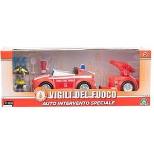 Giochi Preziosi Brandweerauto met origineel vrijlooplicht, aanhanger en brandweerman 7 cm met uitrustingsaccessoires, voor kinderen vanaf 4 jaar
