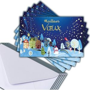 Set van 5 beste wenskaarten van glanzend goud + 5 witte enveloppen, formaat 14 x 9 cm, sneeuwpop, cadeau, kerstboom, winterlandschap, dorp, konijn, uilen, uil, sterrenhemel, einde van het jaar