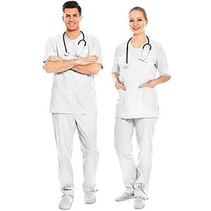 AIESI® Medische Uniform Man Vrouw van 100% gesanforiseerd katoen Broek en Kasack V-hals (Wit, XXL)