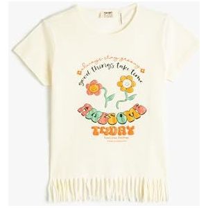 Koton Girls T-shirt Tasseled korte mouwen bedrukt Glittery Cotton, Beige (050), 11-12 Jaar