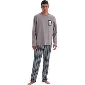 Dagi Mannen ronde hals lange mouwen print gedetailleerde katoen modale T-shirt & broek pyjama set, Lichtgrijs, S