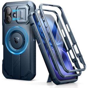 Dexnor Hoesje voor iPhone 16 - Met Camera Cover, Kickstand en Schermbeschermer, Schokbestendig-Blau