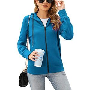Irevial Dames hoodie sweatjack lange mouwen pullover sweatshirtjas pullover bovenstuk hoodie met ritssluiting casual running fitness met zak, blauw, L