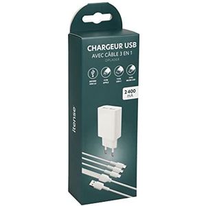 ITENSE - Dubbele USB-oplader – met 3-in-1 kabel – kabellengte: 1 m – compatibel met Apple, USB-C en micro-USB – snelladen – ingang: AC 100-240 V, 50/60 Hz, 0,4 A – USB-uitgang: DC 5 V/2400 mA