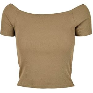 Urban Classics Dames T-shirt dames off-shoulder rib T-shirt, top voor vrouwen met korte snit en vrije schouders in vele kleuren, maten XS - 5XL, Kaki, 4XL
