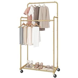 Simple Trending Dubbele staaf kleding kledingrek, zware kleding rollend rek op wielen voor opknoping kleding, met 4 haken, goud