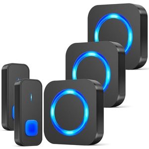 SURFOU Deurbel, Waterdichte Draadloze Deurbelset Bel Deurbel Voor Buiten met 2 Zenders 3 Plug in Ontvangers, 400M Bereik, 55 Melodieën, 5 Volumes, Huisdeurbel met Batterij, Led-Display, Zwart