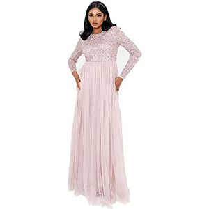 Maya Deluxe Frosted Pink Embellished Long Sleeve Maxi Dress bruidsmeisjesjurk dames, roze., 52 NL